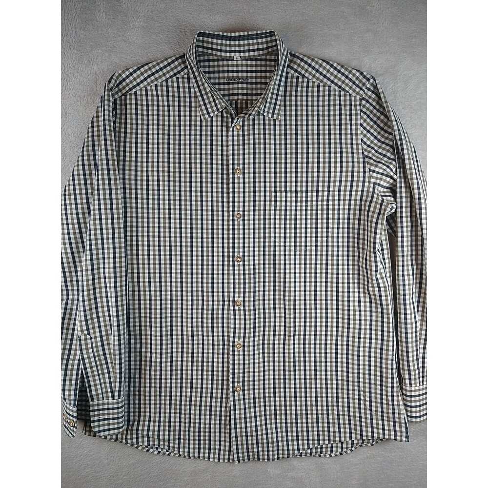 Lodenfrey Button Down Shirt Men's Sz 44 L/XL Long Sleeve Brown Checkered Pocket